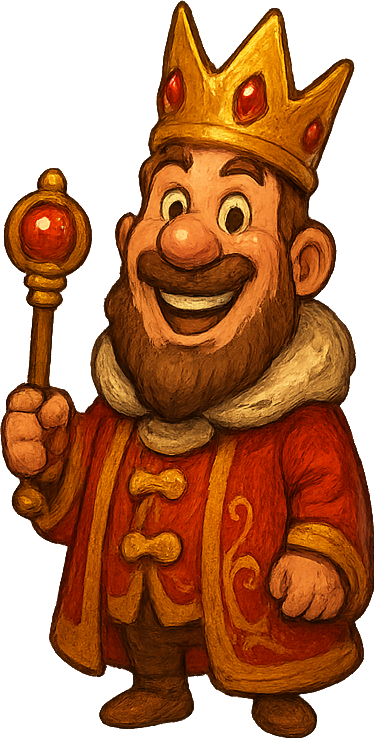 A charismatic king designed in a classic slot machine 'pub style' (bold lines, rich saturated colors, slightly exaggerated features), wearing a golden crown with red jewels, a royal red and gold cloak, and holding a jeweled scepter. He has a friendly, confident smile and a neatly groomed beard. The image is highly detailed, sharp, with a transparent background, perfect for overlay in slot games.