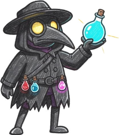 plague doctor with glowing vials