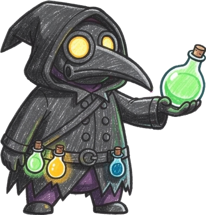 plague doctor with glowing vials